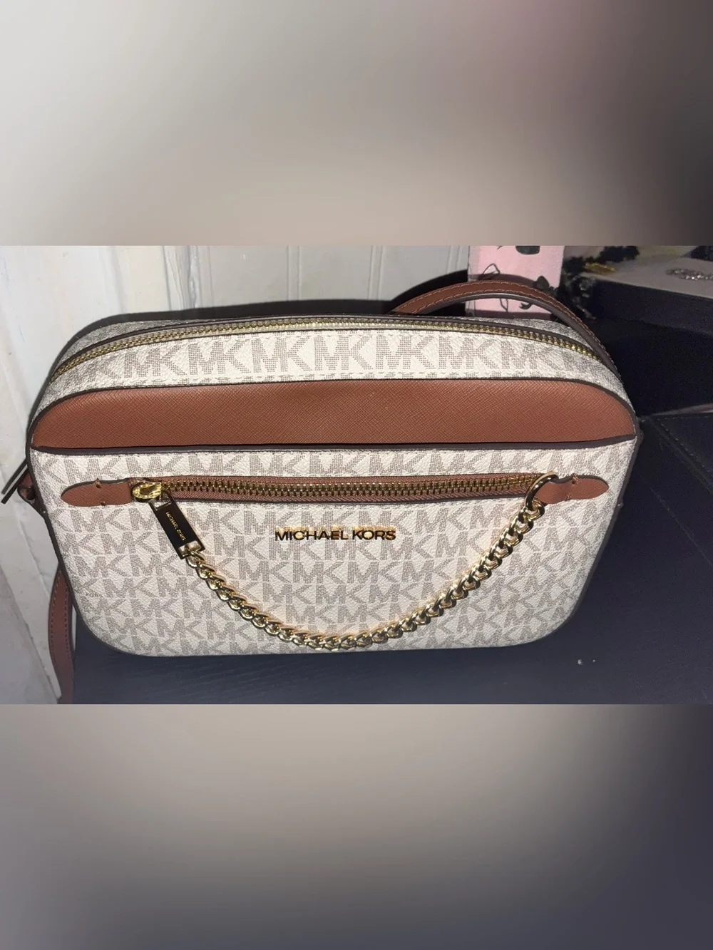 Michael Kors Cream Signature Crossbody with Brown Trim and Gold Chain